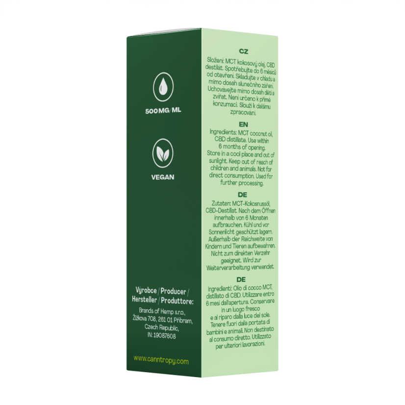 Canntropy CBD Oil 40% premium cannabinoid olie produktemballage med ingredienser og produktinformation fotograferet fra sidevinkel på hvid baggrund.