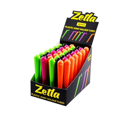 Zetla plastik joint holder tubes display med 48 farverige lufttætte beholdere til opbevaring af joints fotograferet fra frontvinkel på hvid baggrund.