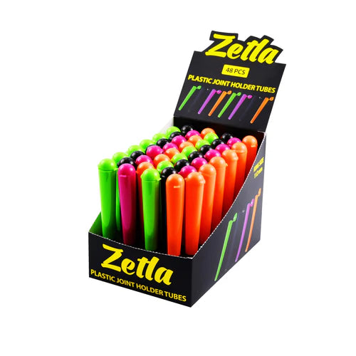 Zetla plastik joint holder tubes display med 48 farverige lufttætte beholdere til opbevaring af joints fotograferet fra frontvinkel på hvid baggrund.