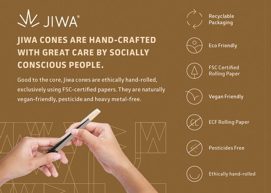 JIWA cones informationsgrafik om håndlavede pre-rolled cones med FSC-certificeret rullepapir, miljøvenlig og vegansk produktion.