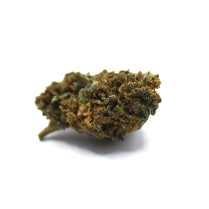 Grønt cannabis topskud med tæt struktur og orange hår fotograferet i close-up fra sidevinkel på hvid baggrund.