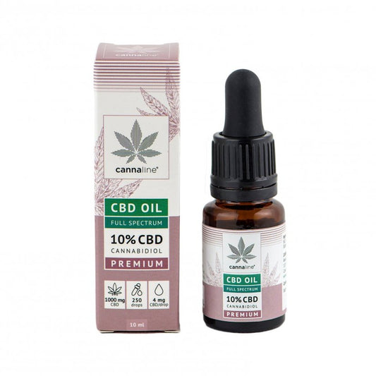 Cannaline CBD Oil Full Spectrum 10% premium 10 ml flaske med pipette ved siden af original produktemballage fotograferet fra frontvinkel på hvid baggrund.