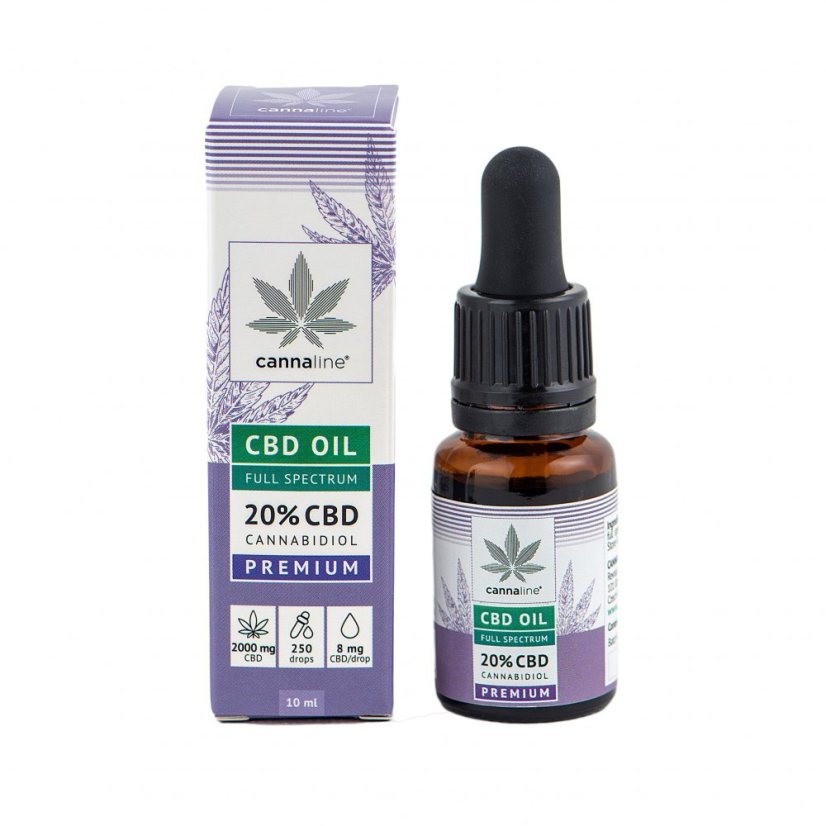 Cannaline CBD Oil Full Spectrum 20% premium 10 ml flaske med pipette ved siden af original produktemballage fotograferet fra frontvinkel på hvid baggrund.