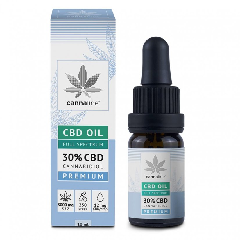 Cannaline CBD Oil Full Spectrum 30% premium 10 ml flaske med pipette ved siden af original produktemballage fotograferet fra frontvinkel på hvid baggrund.