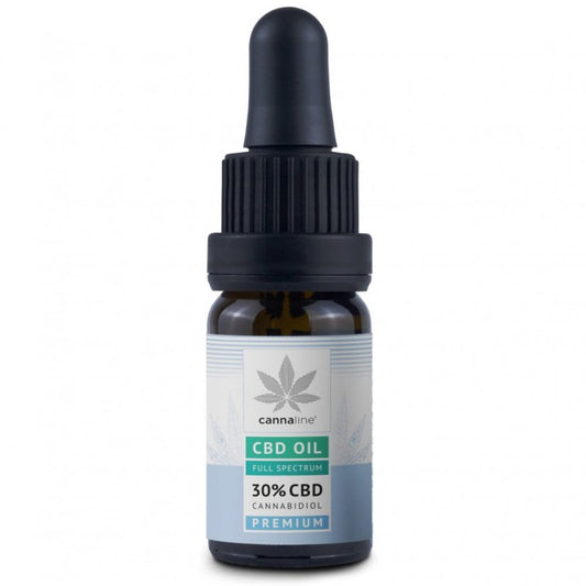 Cannaline CBD Oil Full Spectrum 30% premium i brun glasflaske med pipette fotograferet i close-up fra frontvinkel på hvid baggrund.