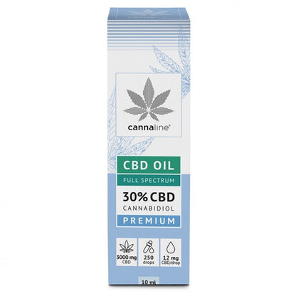 Cannaline CBD Oil Full Spectrum 30% premium 10 ml original produktemballage fotograferet fra frontvinkel på hvid baggrund.