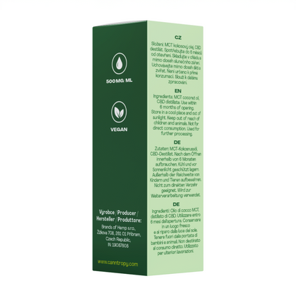 Canntropy CBD Oil 40% premium cannabinoid olie produktemballage med ingredienser og produktinformation fotograferet fra sidevinkel på hvid baggrund.