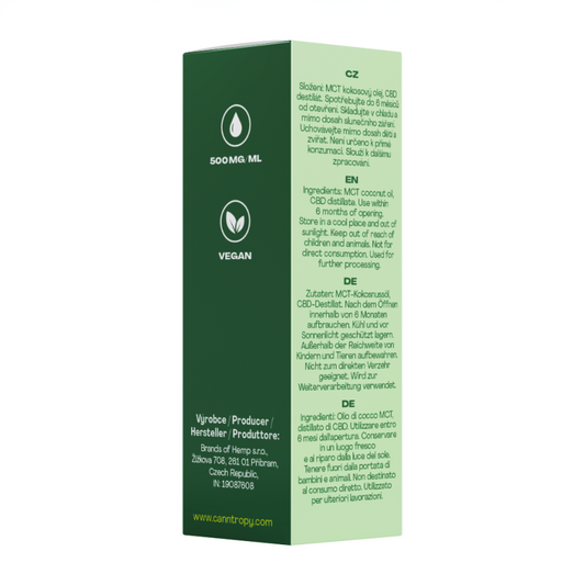 Canntropy CBD Oil 40% premium cannabinoid olie produktemballage med ingredienser og produktinformation fotograferet fra sidevinkel på hvid baggrund.