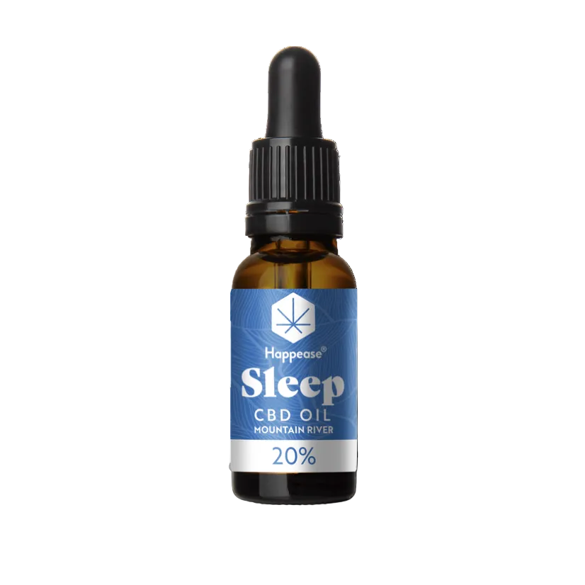Happease Sleep CBD Oil 20% i brun glasflaske med pipette fotograferet i close-up fra frontvinkel på hvid baggrund.