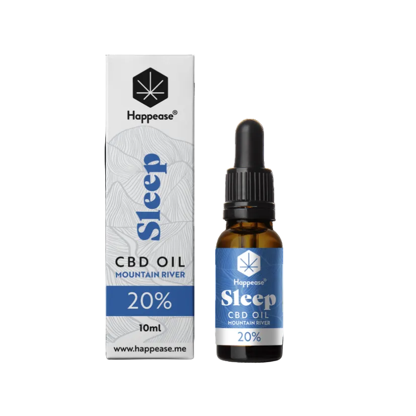 Happease Sleep CBD Oil 20% 10 ml flaske med pipette ved siden af original emballage fotograferet fra frontvinkel på hvid baggrund.