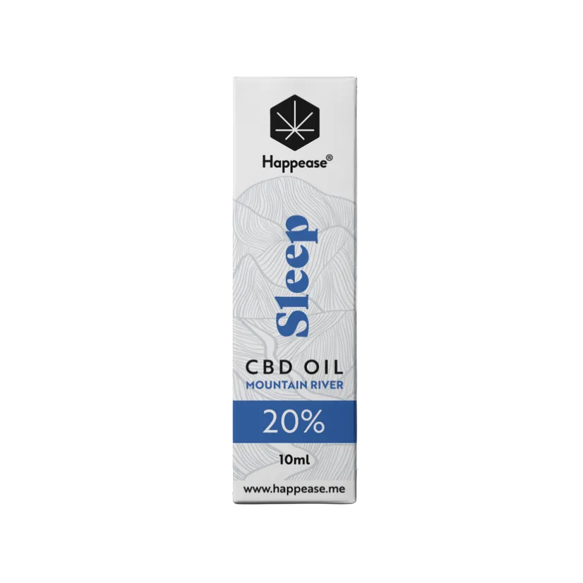 Happease Sleep CBD Oil 20% Mountain River 10 ml original produktemballage fotograferet fra frontvinkel på hvid baggrund.