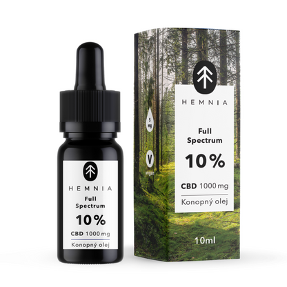 Hemnia Full Spectrum CBD olie 10% 1000 mg 10 ml flaske med pipette ved siden af original produktemballage fotograferet fra frontvinkel på hvid baggrund.