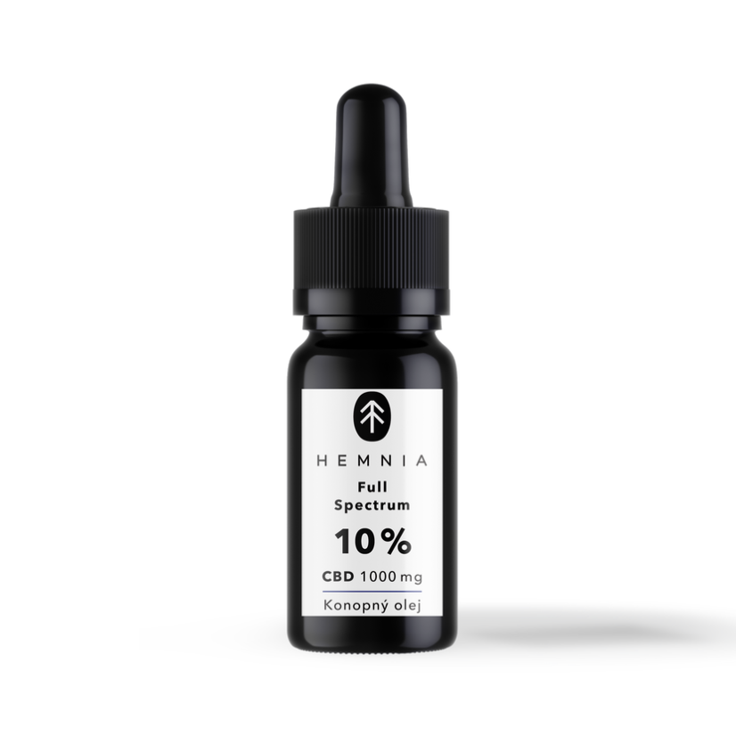 Hemnia Full Spectrum CBD olie 10% 1000 mg i sort glasflaske med pipette fotograferet i close-up fra frontvinkel på hvid baggrund.