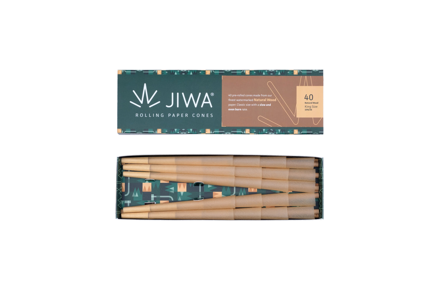 JIWA Rolling Paper Cones King Size pakke med 40 naturlige pre-rolled cones vist åbnet og fotograferet ovenfra på hvid baggrund.