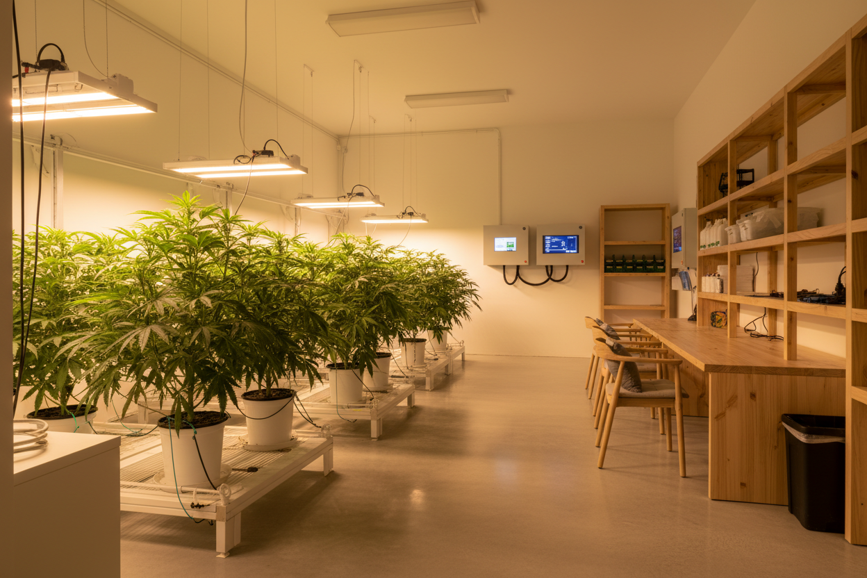 realistic cannabis farm, inside looking cozy and clean